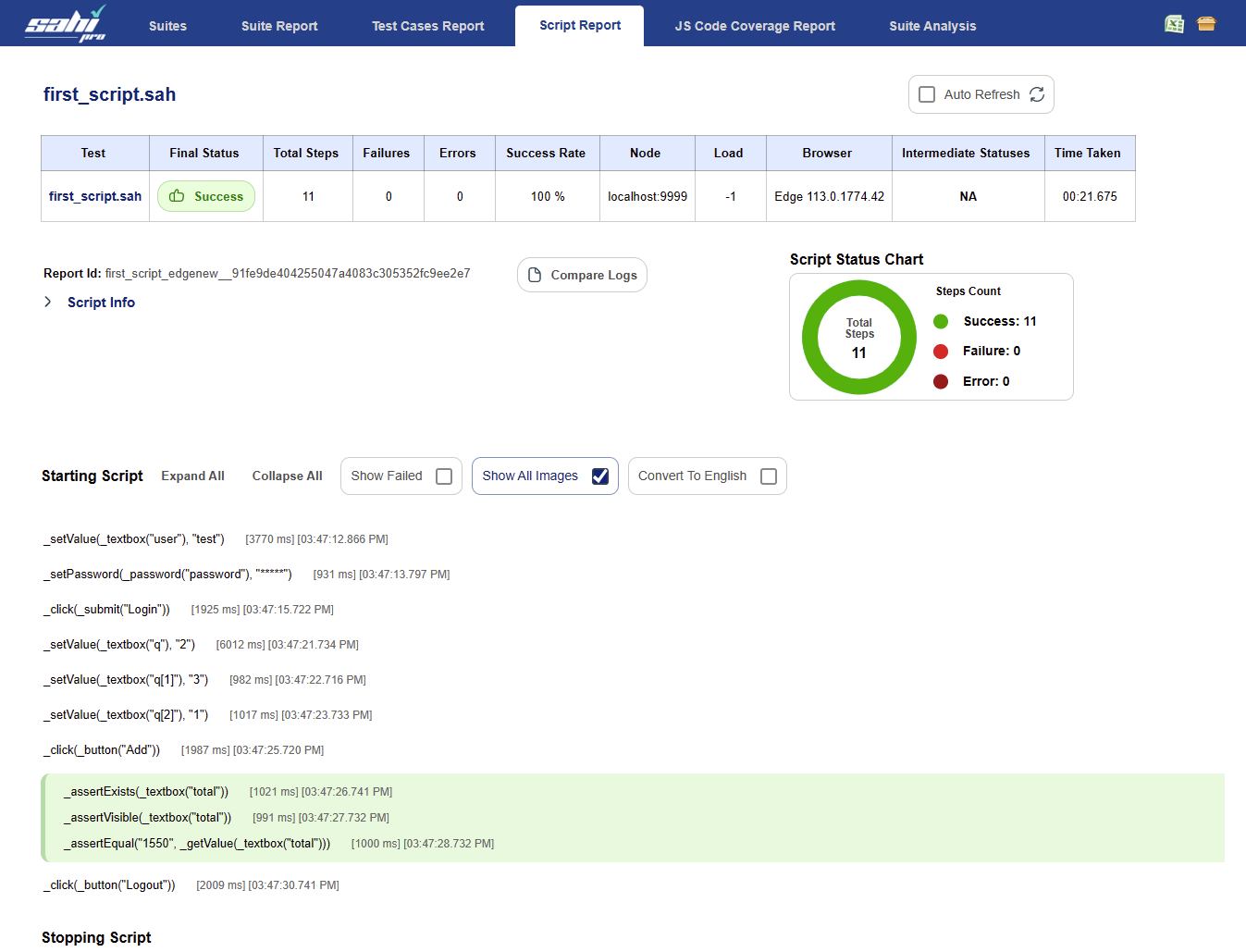 Reports log single script