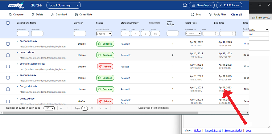 Reports logs suites list